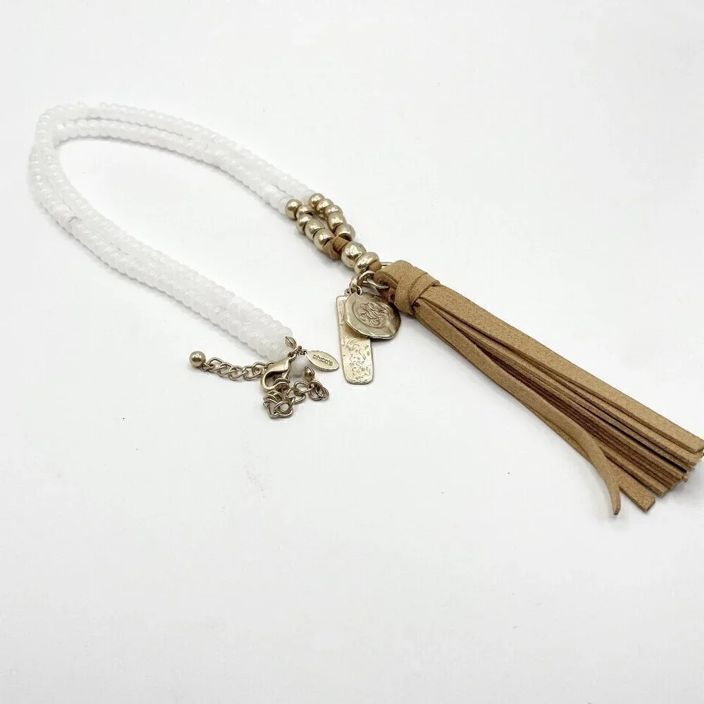 NWOT Chico's White And Gold-Tone Bead Faux Suede Tassel Wen Pendant Necklace